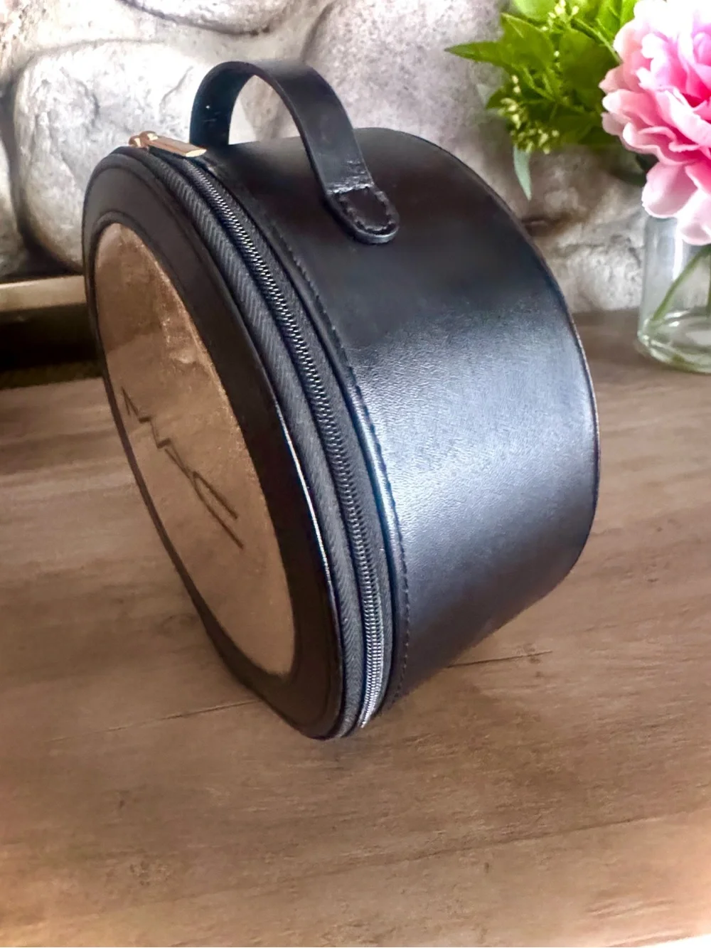 MAC Cosmetics Black and Gold Glitter Round Top-Handle Cosmetic Case Bag